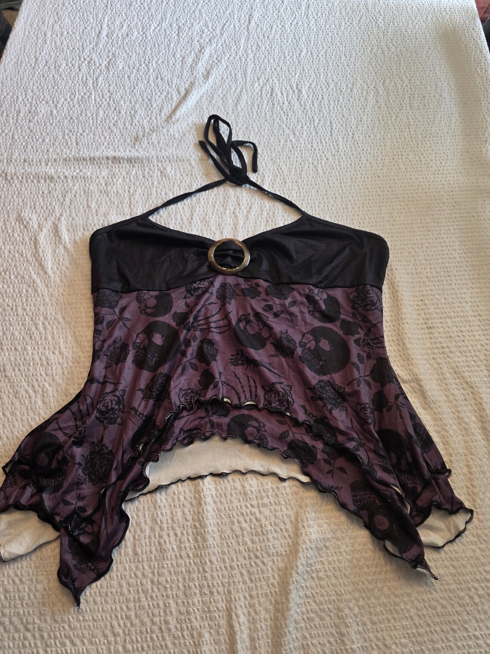 Women’s Purpleish Grey Skull-Print Halter Tank with Ring Detail L
